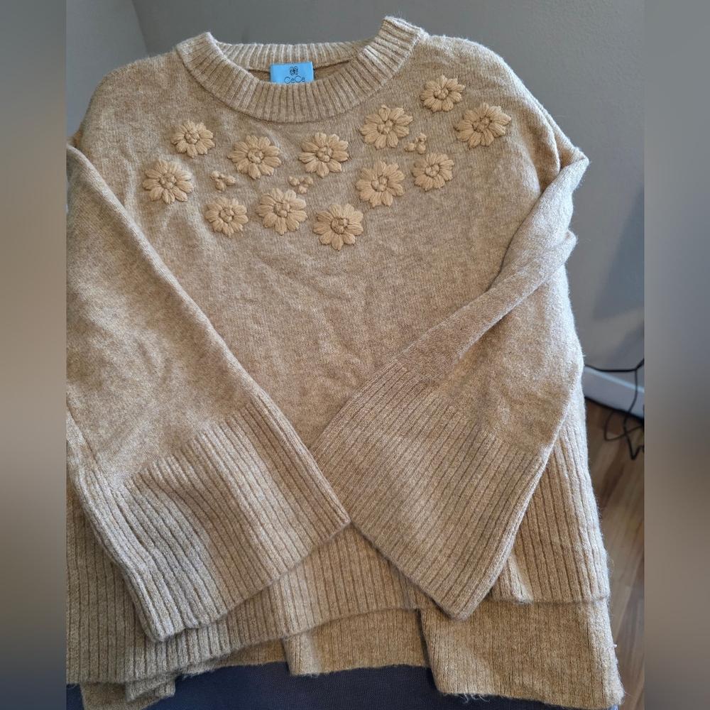 CeCe Beige Sweater with Floral Accents